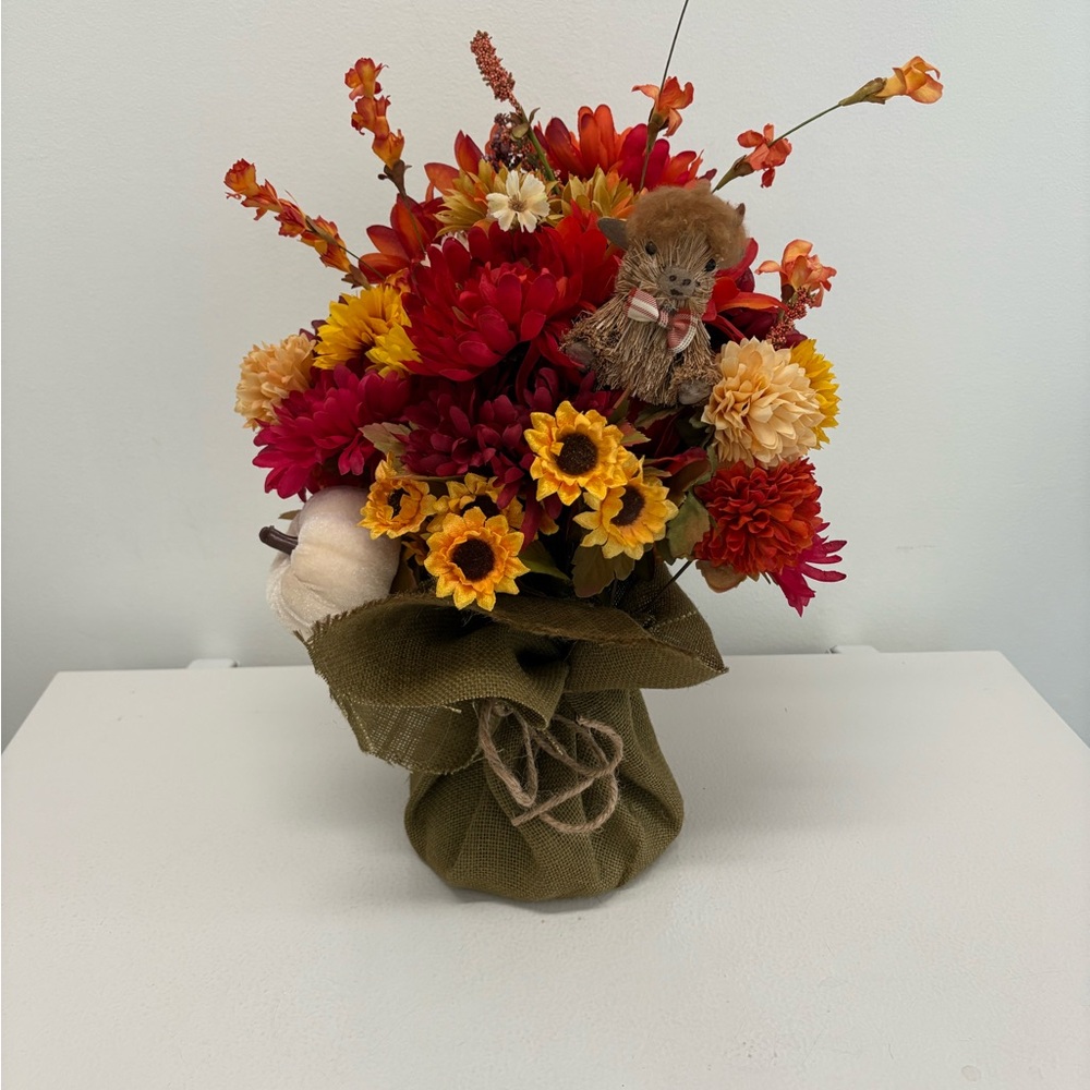 Vibrant Autumn Faux Floral Bouquet with Burlap Wrap